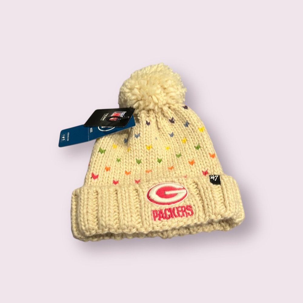 NWT Kids NFL Team 47 Brand Cream Packers Kids Pom-Pom Beanie Winter Hat